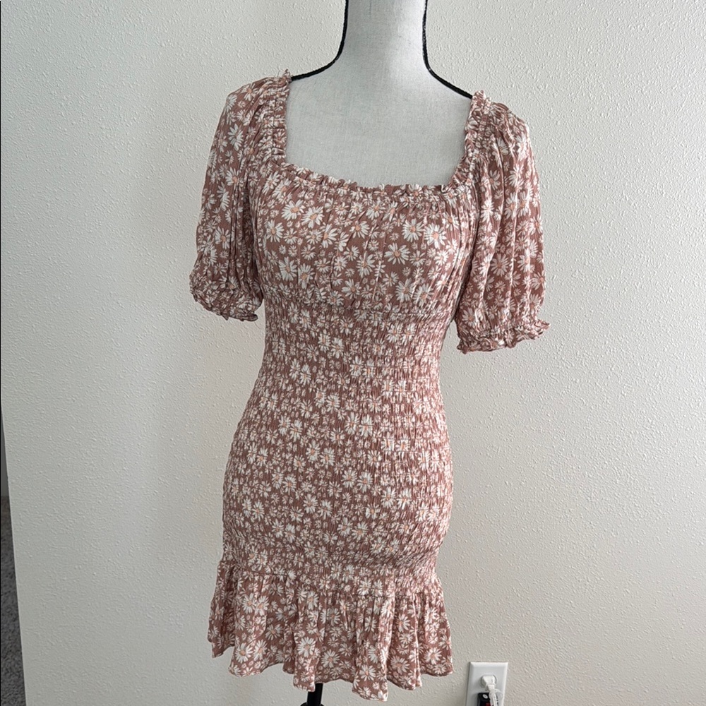 Floral Smocked Dress - mauve cream floral